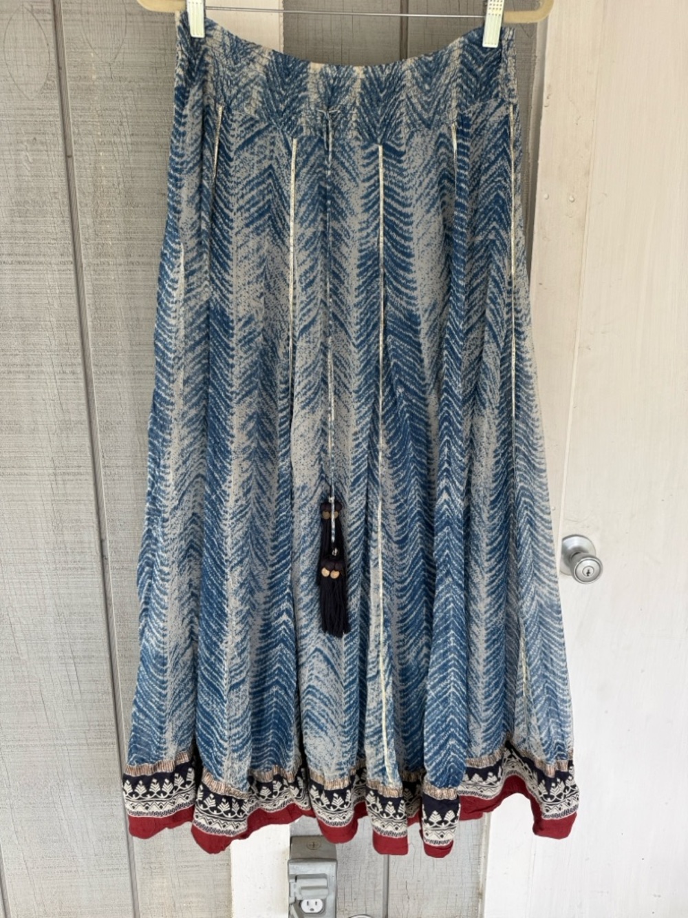 Soft Surroundings Blue Chevron Maxi Skirt with Black Tassel and Maroon Border - Picture 3 of 9